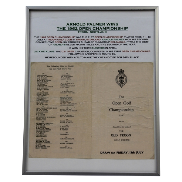 1962 OPEN Championship at The Old Troon Friday July 13th Draw Sheet - Poor Condition - Framed