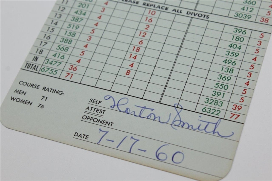 Horton Smith Signed & Dated (7/17/1960) Detroit Golf Club (North Course) Scorecard JSA ALOA