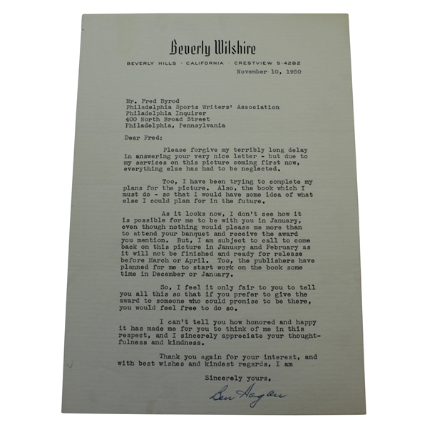 Ben Hogan Signed November 10, 1950 TLSLetter to Fred Byrod JSA ALOA