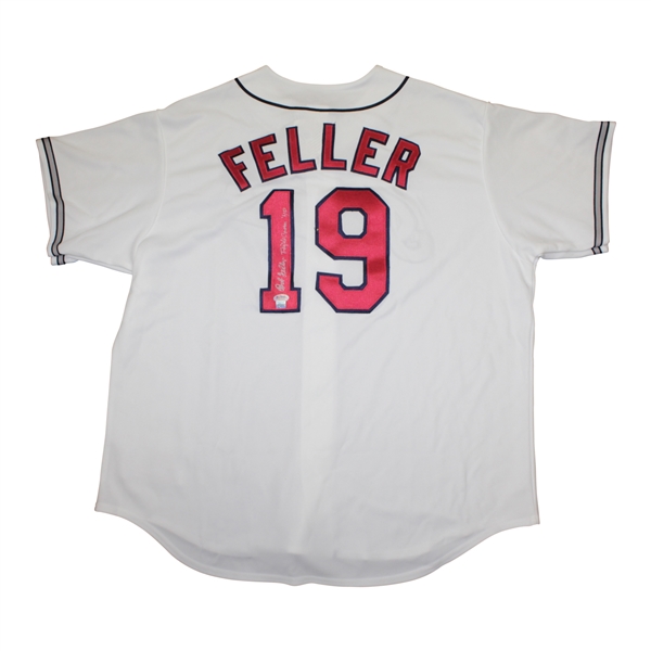 Bob Feller Signed Indians #19 Jersey with Triple Crown Ins. Very Rare With Ins In His Hand PSA/DNA #H33307