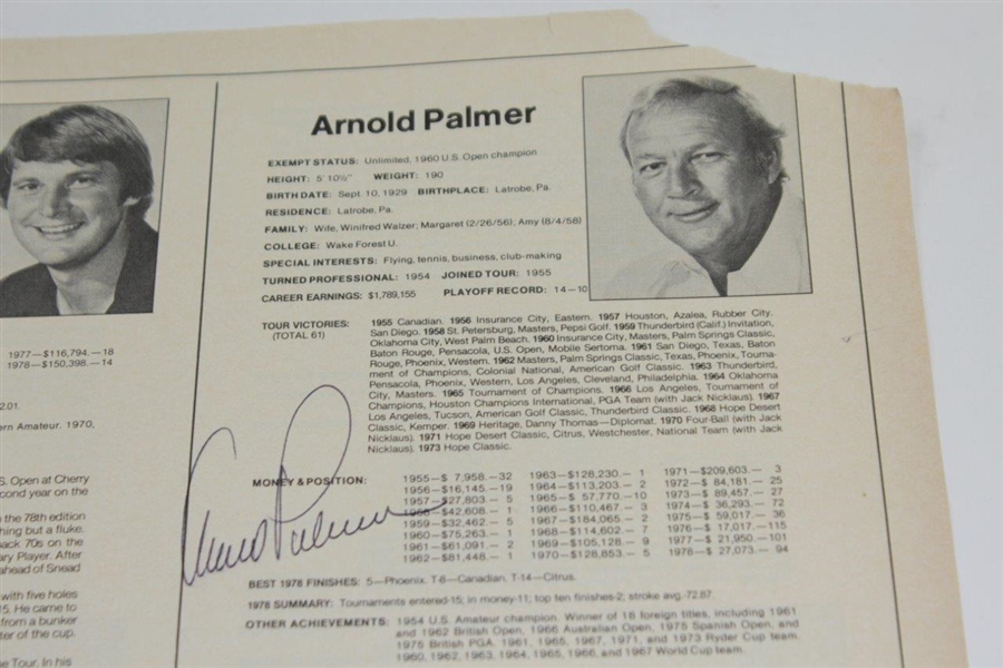 Arnold Palmer Signed 11x8 PGA Media Tour Guide Page JSA ALOA