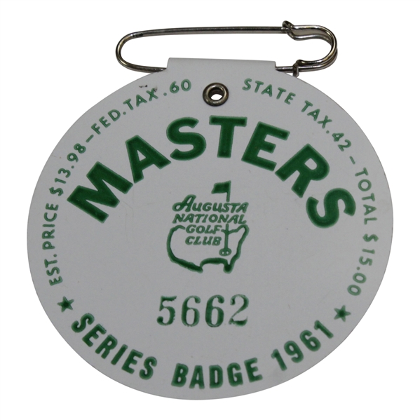 1961 Masters Tournament SERIES Badge #5662 with Original Pin