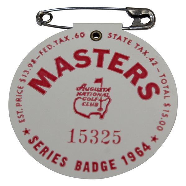1964 Masters Tournament SERIES Badge #15325 with Original Pin