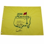 Arnold Palmer with Jack Nicklaus & Gary Player Signed 2016 Masters Embroidered Flag with Years Won JSA ALOA