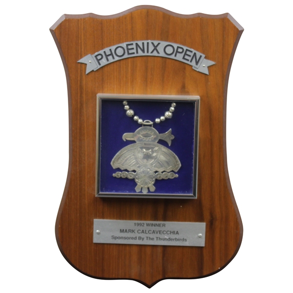Mark Calcavecchias 1992 Phoenix Open Winners Plaque with Thunderbird Necklace