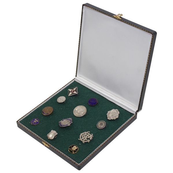 Twelve (12) Foreign Insignia Pins - Sterling Silver & Some Enameled - Burntisland, Dalmahoy, Williamwood, Bruntsfield, etc.