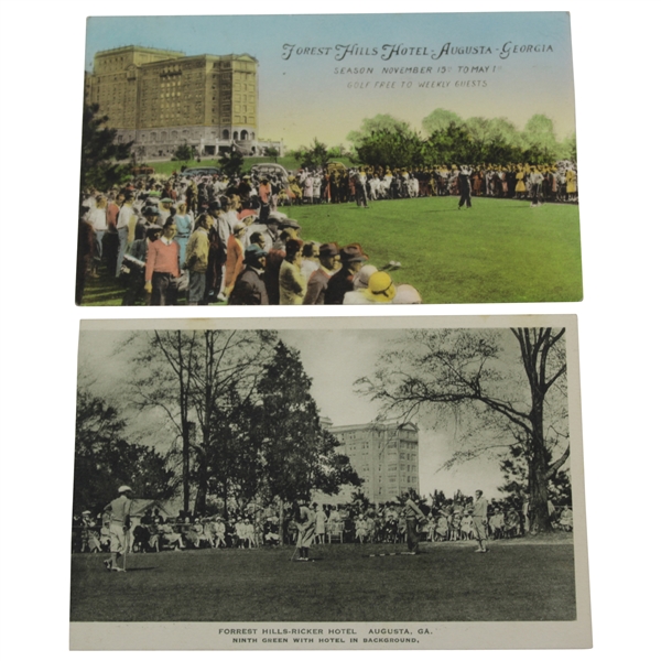 Two Bobby Jones Postcards opening The Forrest Hills-Ricker Hotel in Augusta GA