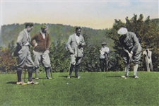 Rare postcard of Bobby Jones (watching) and Walter Travis (putting) at the Reenleigh Country Club Pennsylvania