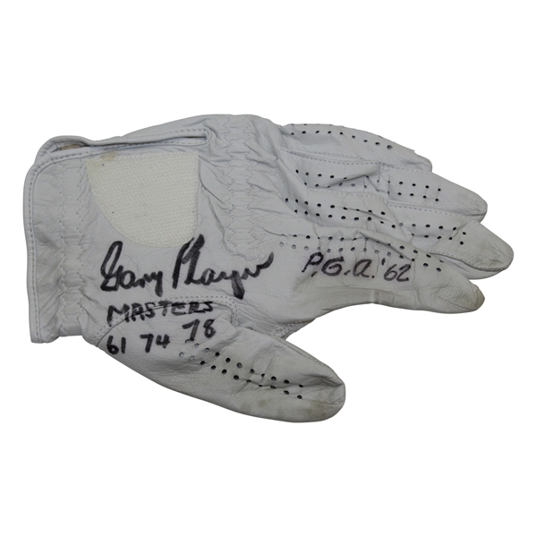 Gary Player Signed Personal LH Golf Glove with Masters 61-74-78 & PGA 62 Inscription JSA ALOA
