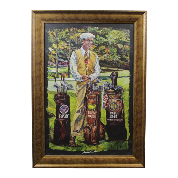 Byron Nelson Signed Augusta Course Background with Major Championship Winning Golf Bags Print - Framed JSA ALOA