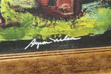 Byron Nelson Signed Augusta Course Background with Major Championship Winning Golf Bags Print - Framed JSA ALOA