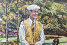 Byron Nelson Signed Augusta Course Background with Major Championship Winning Golf Bags Print - Framed JSA ALOA