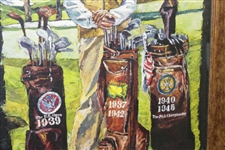 Byron Nelson Signed Augusta Course Background with Major Championship Winning Golf Bags Print - Framed JSA ALOA