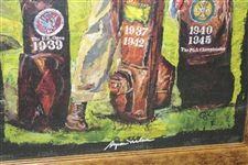 Byron Nelson Signed Augusta Course Background with Major Championship Winning Golf Bags Print - Framed JSA ALOA