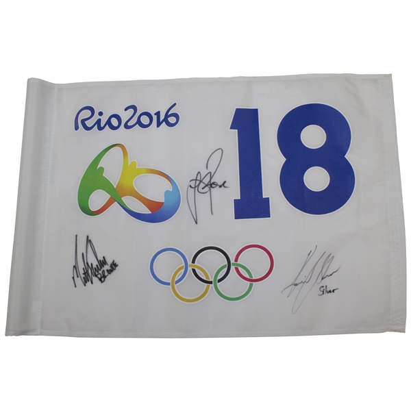 Justin Rose, Henrik Stenson, & Matt Kuchar Signed 2016 Rio Olympics Flag JSA ALOA