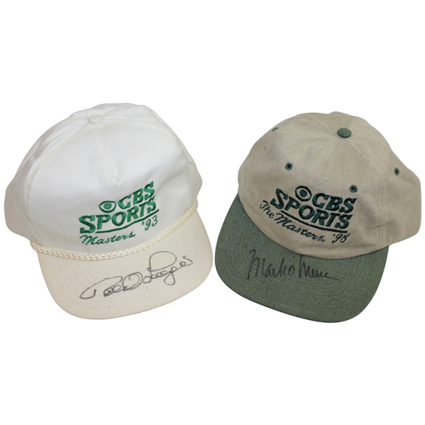 Bernhard Langer & Mark OMeara Signed Masters CBS Sports Logo Hats - White 93 & Green 98 JSA ALOA
