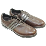Greg Norman's Personal Used Tour360 Ltd Adidas Brown Golf Shoes with Crooked Stick Golf Club Sticker
