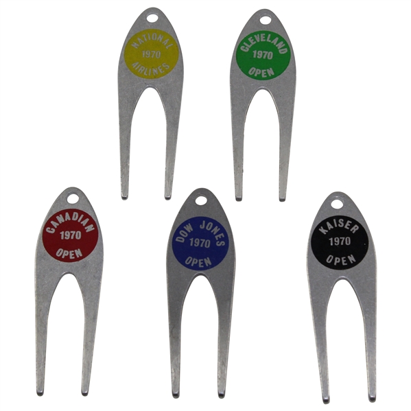 Charles Coodys Five 1970 Contestant Divot Tools - National Airlines, Cleveland Open, Canadian Open, Dow Jones Open, & Kaiser Open