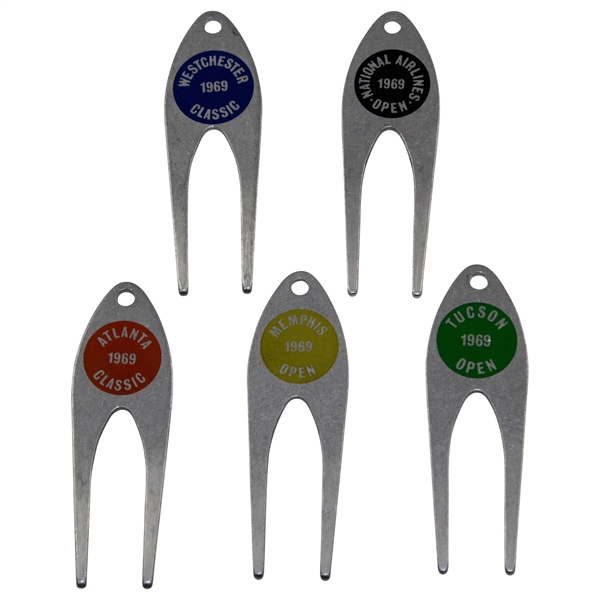 Charles Coodys Five 1969 Contestant Divot Tools - Westchester Classic, National Airlines Open, Atlanta Classic, Memphis Open, & Tucson Open