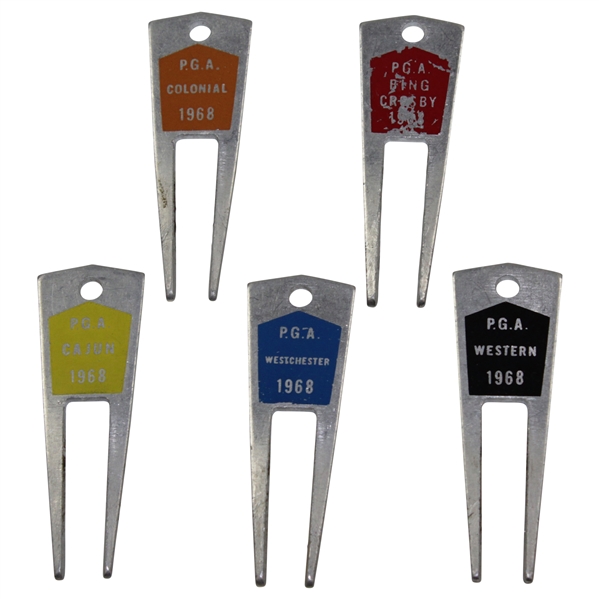 Charles Coodys Five 1968 Contestant Divot Tools - PGA Colonial, PGA Bing Crosby, PGA Cajun, PGA Westchester, & PGA Western