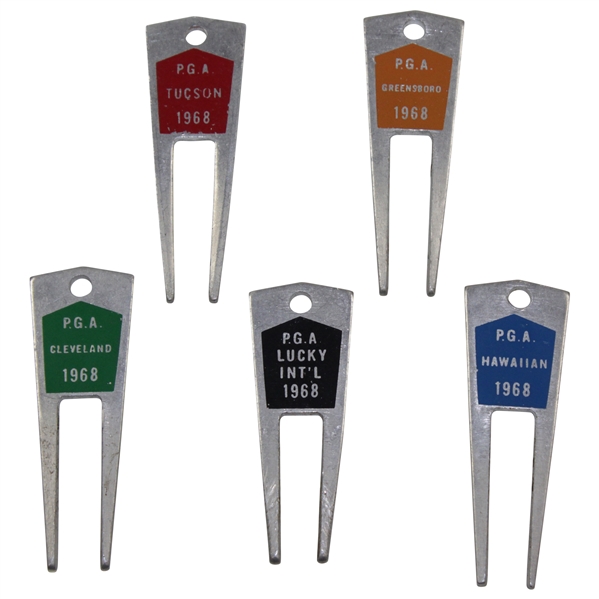 Charles Coodys Five 1968 Contestant Divot Tools - PGA Tucson, PGA Greensboro, PGA Cleveland, PGA Lucky Intl, & PGA Hawaiian