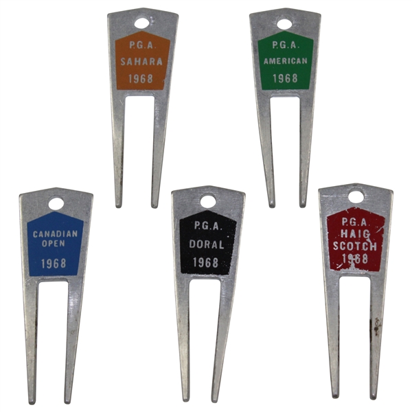 Charles Coodys Five 1968 Contestant Divot Tools - PGA Sahara, PGA American, Canadian Open, PGA Doral, & PGA Haig Scotch