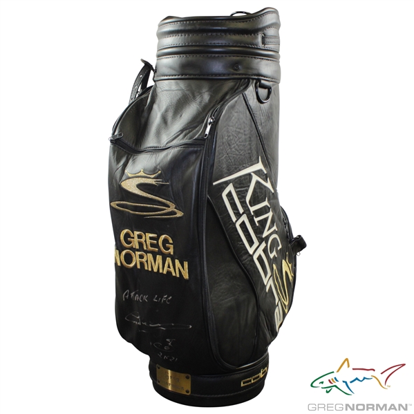 Greg Normans Signed Personal King Cobra Black Full Size Golf Bag with Stiched Signature "Attack Life" JSA ALOA