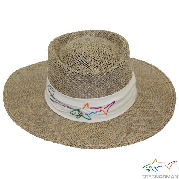 Greg Norman Signed Personal Worn Shark Logo Tan Straw Gambler Hat JSA ALOA