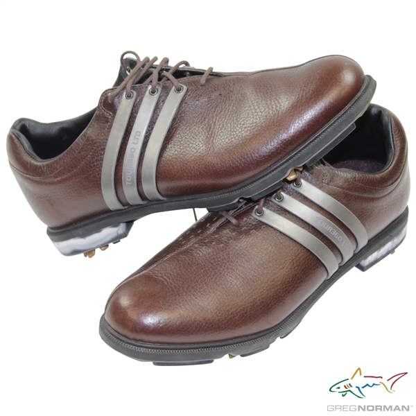 Greg Normans Personal Used Tour360 Ltd Adidas Brown Golf Shoes with Crooked Stick Golf Club Sticker
