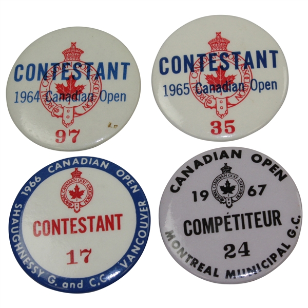 Charles Coodys 1964, 1965, 1966, & 1967 Canadian Open Contestant Badges