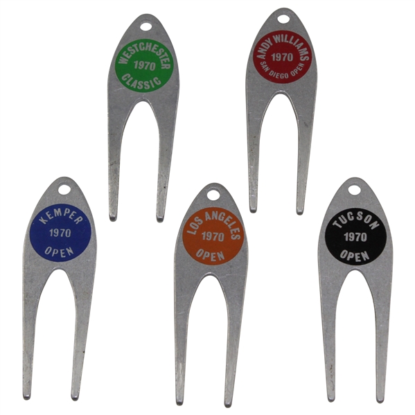 Charles Coodys Five 1970 Contestant Divot Tools - Westchester Classic, Kemper Open, LA Open, San Diego Open, & Tucson Open