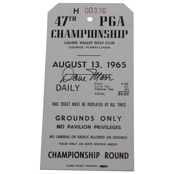 Winner Dave Marr Signed 1965 PGA Championship at Laurel Valley CC Ticket #H00336 JSA ALOA