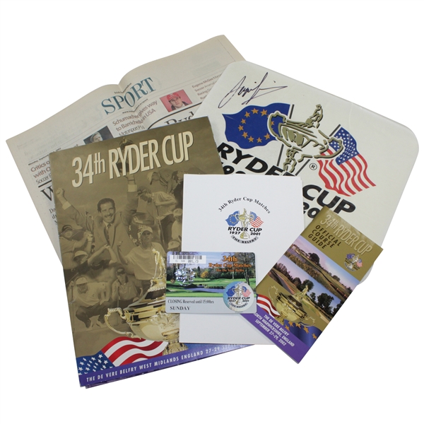 2001 Ryder Cup at The Belfry Course Guide, Booklet, Ticket, Newspaper, & Sergio Garcia Signed Large Sticker JSA ALOA