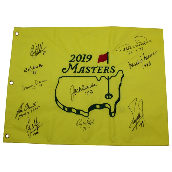 Ten (10) Masters Champions Signed 2019 Flag With Dates JSA ALOA