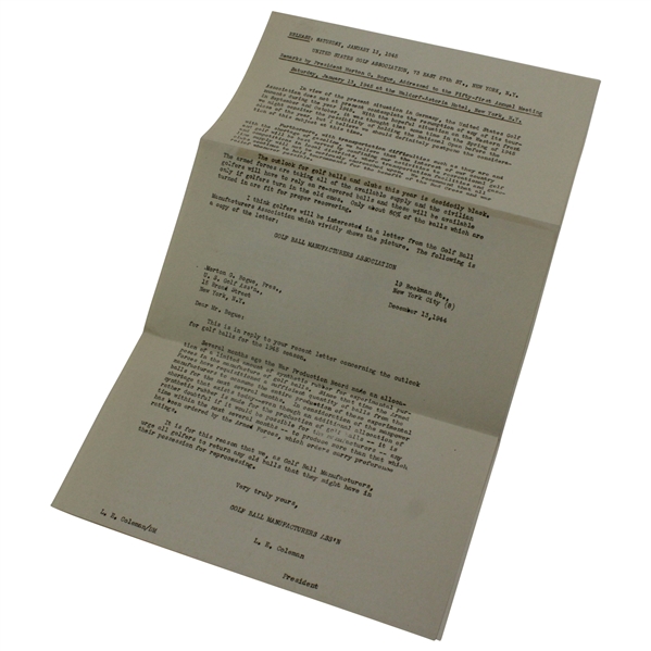 1945 U.S.G.A. Press Release - World War II Cancel US Open & Golf Ball Shortage