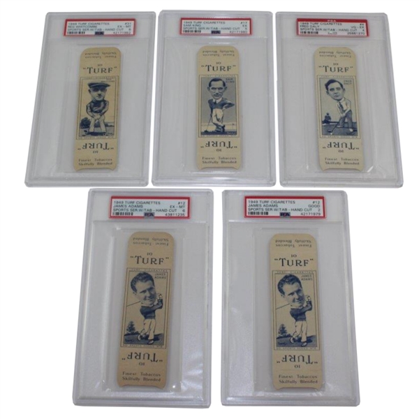 Five (5) 1949 Turf Cigarettes PSA Slabbed Cards - Adams(x2), King, Whitcombe, & Daly - Ex-Mt, Ex, VG-Ex, Ex-Mt, & Good