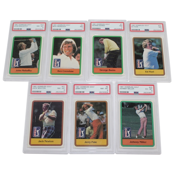 Seven (7) Donruss Golf PSA Slabbed Golf Cards - Mahaffey, Brenshaw, Burns, Fiori, Newton, Pate, & Miller