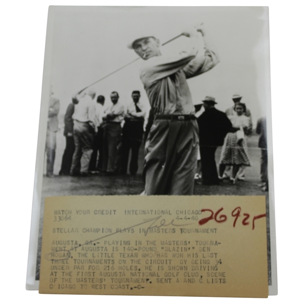 Ben Hogan 4/4/1940 Stellar Champion "Blazin" Ben Hogan Tees Off 1st Tee at Masters Wire Photo