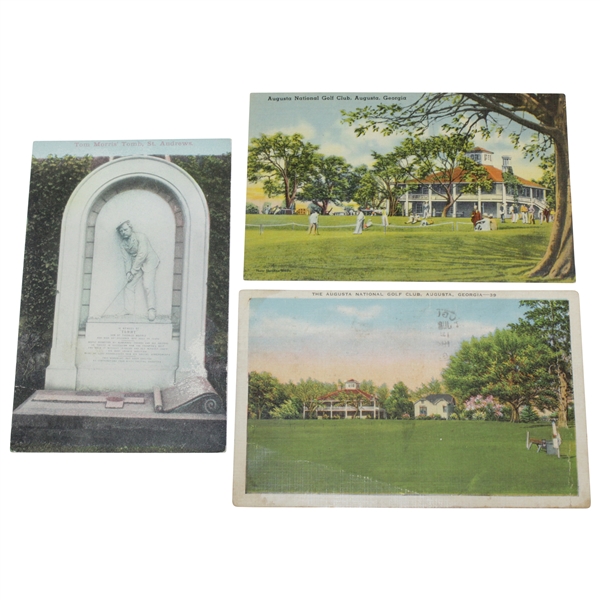 Young Tom Morris Gravesite Postcard with Two Augusta National GC Clubhouse Postcards