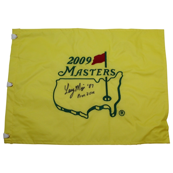 Larry Mize Signed 2009 Masters Embroidered Flag with Year Won Notation & Scripture JSA ALOA