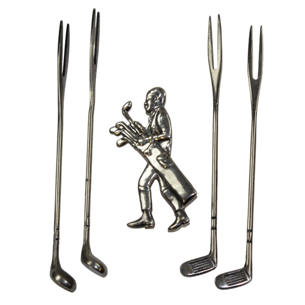 Four Circa 1930s English Golf Club Picks with Sterling Silver Golfer Pin .925 Pure
