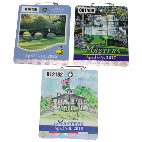 2016, 2017 & 2018 Masters Tournament SERIES Badges - Willett, Sergio, & Reed