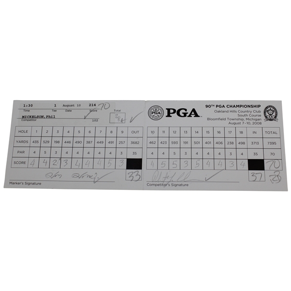 Phil Mickelson Signed 2008 PGA at Oakland Hills CC Official Competitor FINAL Rd Scorecard JSA ALOA