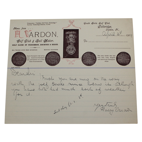 Harry Vardon Signed 1909 Personal H. Vardon - Golf Club & Ball Maker Letterhead JSA ALOA