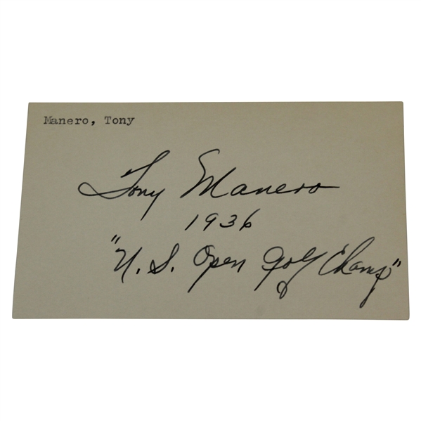 Tony Manero Signed 3x5 Card with '1936 US Open Golf Champ' Notation JSA ALOA