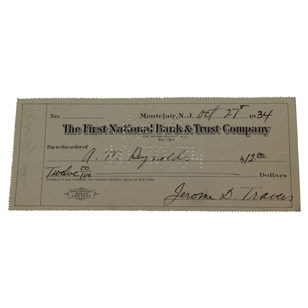 Jerome Jerry Travers signed First National Bank & Trust 1934 Check JSA ALOA