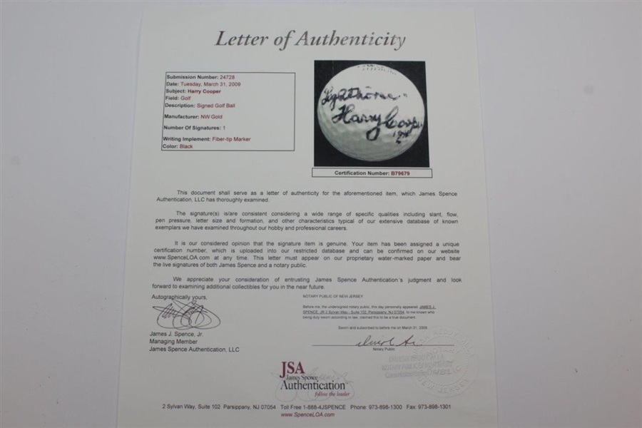 Lighthorse' Harry Cooper Signed NW Gold Lithium Logo Golf Ball JSA FULL #B79679