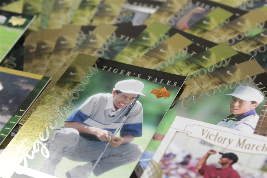 Grouping of Tiger Woods 'Tiger Tales' Cards with Tour Time, Stat Leaders, Defining Moments, & Victory March