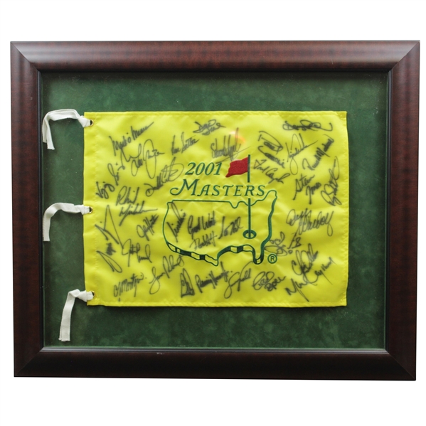 Tiger Woods & Field Signed 2001 Masters Embroidered Flag - Framed JSA ALOA