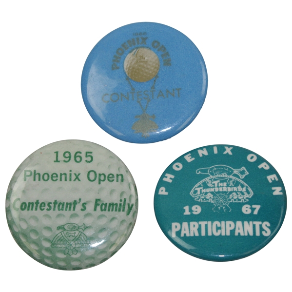 Charles Coodys 1965, 1966 & 1967 Phoenix Open Badges - Contestant, Participant & Family